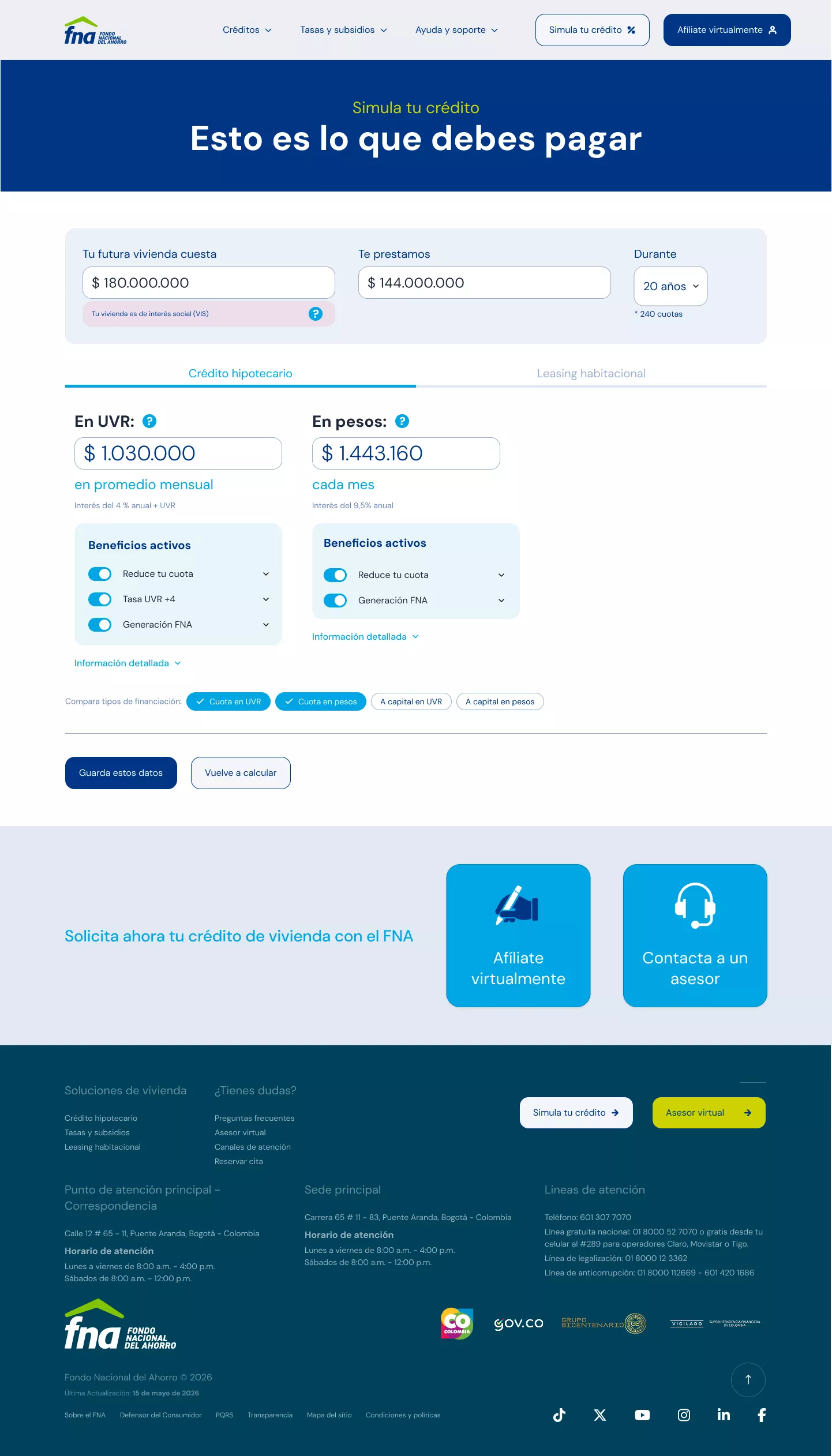 Resultado de la simulación con la opción de activar o desactivar beneficios y comparar con otros tipos de financiación