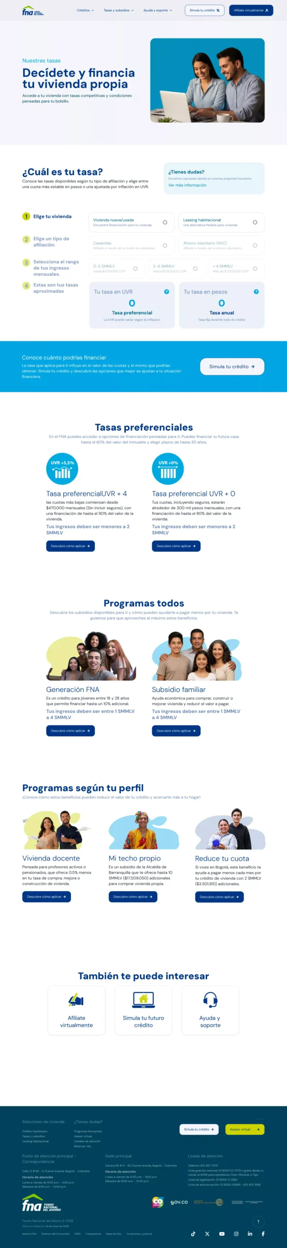 Sección de tipos de tasas con calculador de tasas según la realidad e intereses del usuario